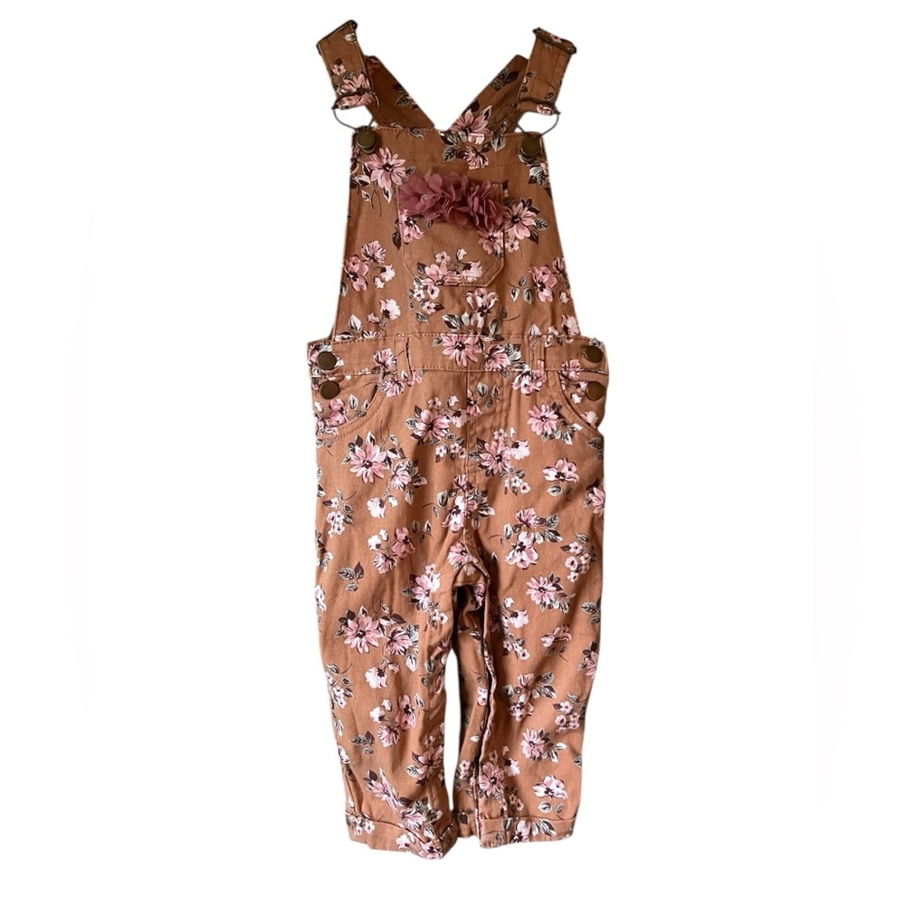 Little Lass Brown Tan Floral Overalls 24 Months